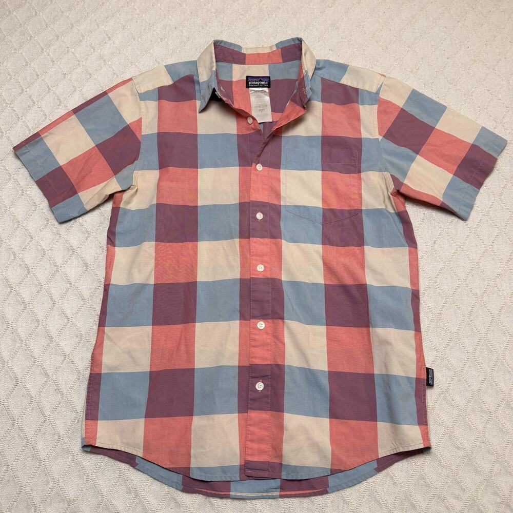 Patagonia Men's S Shirt Organic Cotton Short Sleeve Button Up Pink Blue Plaid